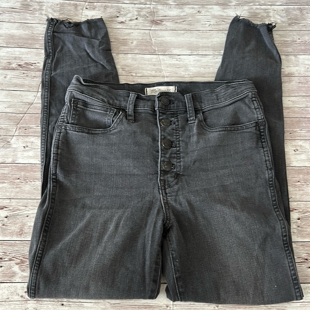 Madewell Faded Black Grey Button Fly High Rise Raw Hem Skinny Jeans